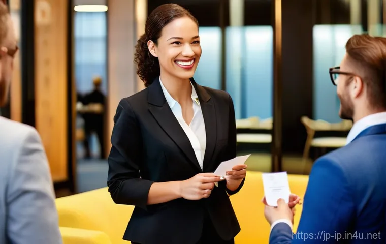 지적재산권 분야에서의 네트워킹 팁 - **Prompt 1: Confident Professional Networking**
    A vibrant, professional networking event for int...