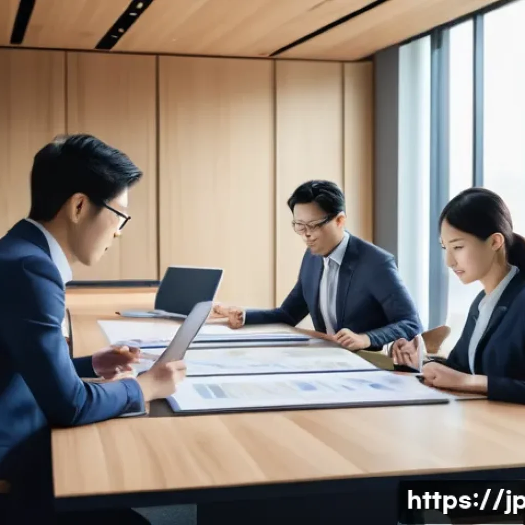 지적재산권 관리 실무 체크리스트 - A modern Japanese office scene featuring diverse professionals collaborating around a large conferen...