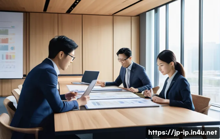 지적재산권 관리 실무 체크리스트 - A modern Japanese office scene featuring diverse professionals collaborating around a large conferen...