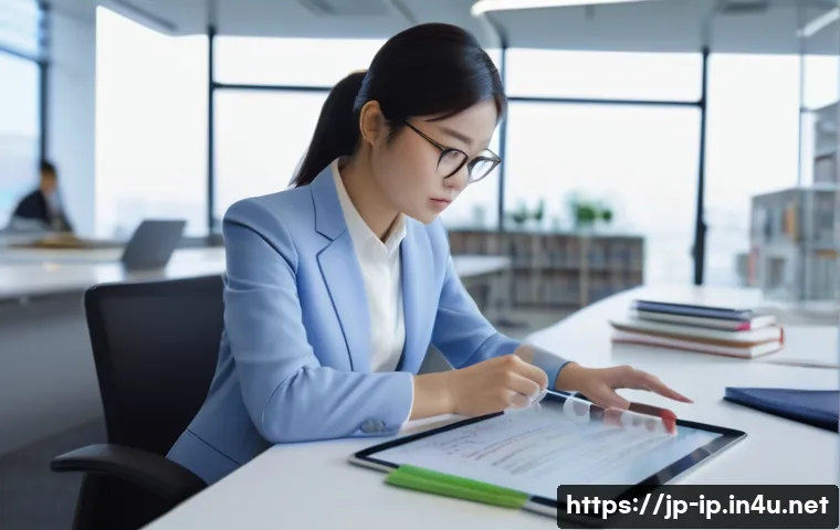 지적재산권 분야에서의 경력 설계 방법 - A modern Japanese intellectual property office scene featuring a young professional woman in busines...