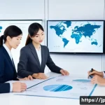 지적재산권 국제 자격증 소개 - A modern Japanese office scene with diverse professionals collaborating on intellectual property str...