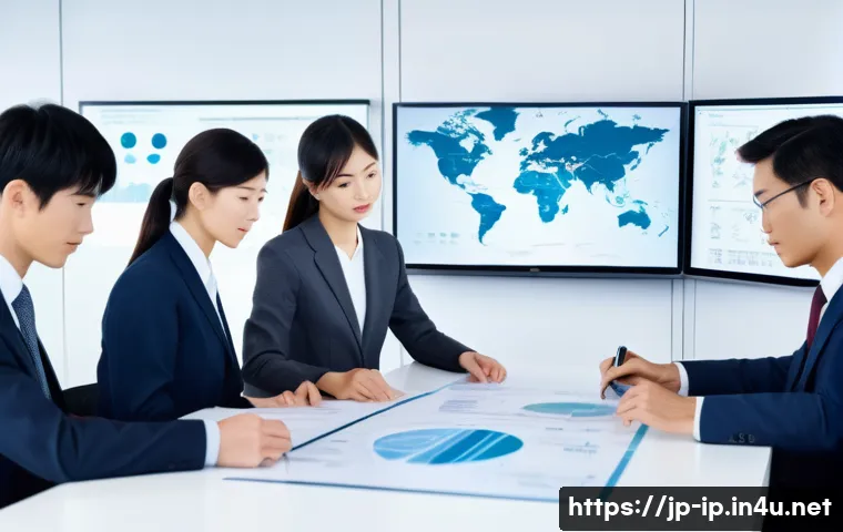 지적재산권 국제 자격증 소개 - A modern Japanese office scene with diverse professionals collaborating on intellectual property str...