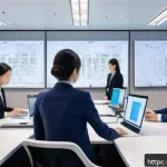 지적재산권 실무의 최신 트렌드 - A modern Japanese office scene showcasing a diverse team of professionals collaborating on AI intell...