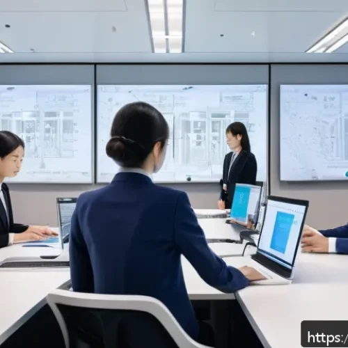 지적재산권 실무의 최신 트렌드 - A modern Japanese office scene showcasing a diverse team of professionals collaborating on AI intell...