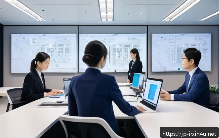 지적재산권 실무의 최신 트렌드 - A modern Japanese office scene showcasing a diverse team of professionals collaborating on AI intell...