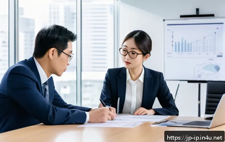 지적재산권 전문가로서 고객 응대 사례 - A modern Japanese office scene showing a diverse team of professionals&mdash;including a young Japanese wo...
