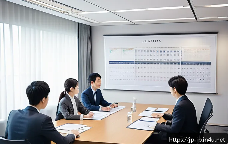 지적재산권 실무에서 빈번한 실수와 해결법 - A modern Japanese office scene showing a diverse team of professionals in a bright meeting room, eng...
