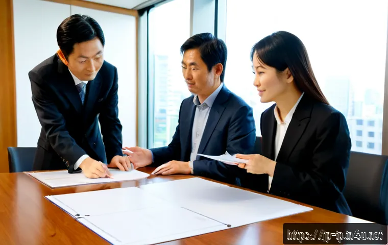 지적재산권 실무와 협력 사례 공유 - Photorealistic Japanese intellectual property consultation, a diverse team of two business professio...
